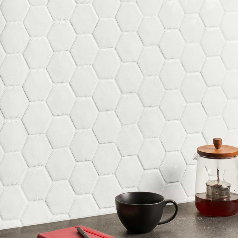 Nabi Hexagon 3" Crackled Glossy Glass Mosaic Tile, Glacier White
