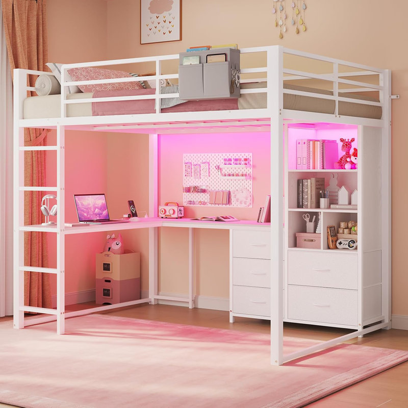 Full Size Loft Bed With L Desk, 5-Tier Bookshelf, 5 Storage Drawers, Led Metal Loft Bed With Power Outlet, Loft Beds With Safety Guardrail & Ladders, No Box Spring Needed