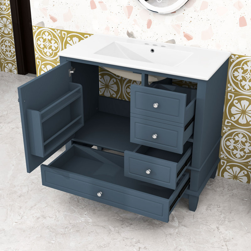 Meuble-lavabo 3 tiroirs avec lavabo en céramique et trous de robinet pré-percés, Bleu gris