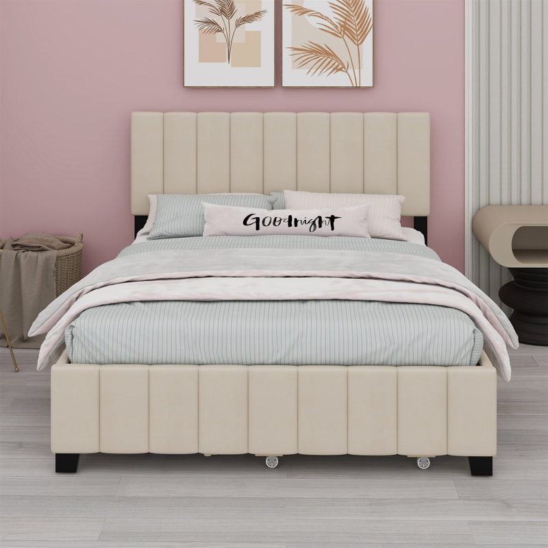 Upholstered Platform Bed With 2 Drawers And Trundle, Beige