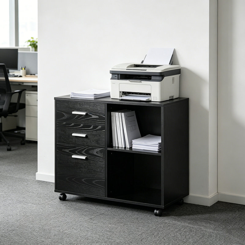 Classeur mobile avec 3 tiroirs et tablettes ouvertes, classeur latéral en bois, support pour imprimante pour bureau personnel