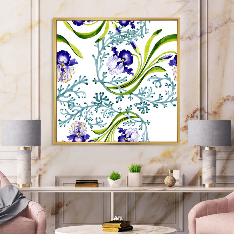Iris bleu avec feuilles de printemps sauvages - peinture sur toile, H 36 po x l 36 po x 1,5 po, Cadre flottant doré