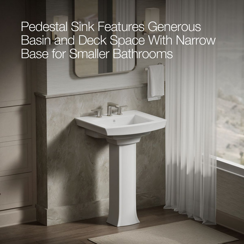 Archer 24" Rectangular Pedestal Bathroom Sink with Widespread Faucet Holes, White, 8" Centers