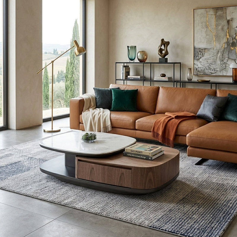Table basse rotative à 360 degrés avec 2 tiroirs, plateau en faux marbre et placage de noyer, table de salon moderne