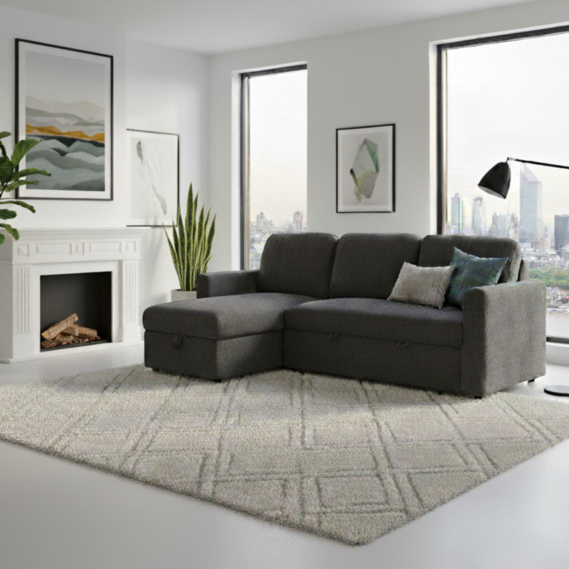 Movari Smart Corner Sofa Bed with Storage & Pull-Out Sleeper Modern Fabric L-Shaped Sofa with Chaise, Charcoal Polyester