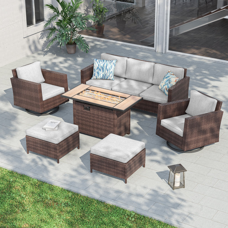 6 Piece Patio Conversation Set, Patio Sofa Set with Ottoman and Rectangular Fire Pit Table, Linen Gray