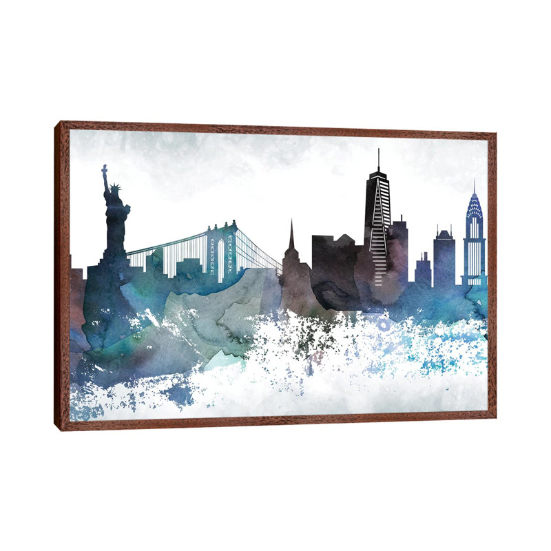 New York Bluish Skylines - Print on Canvas, Classic Brown Wood Framed, 66.04 cm H x 45.72 cm W