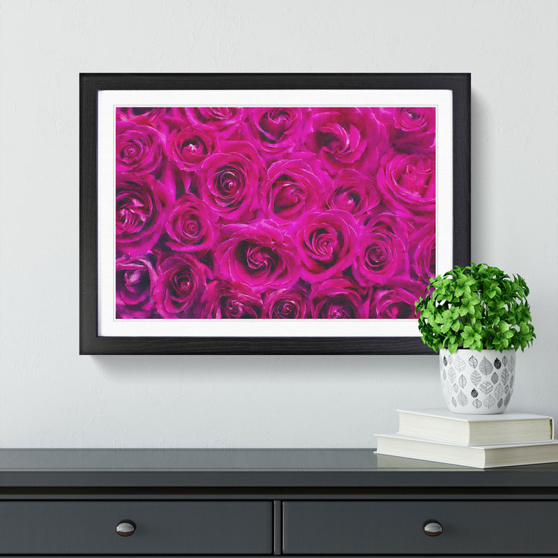 Wall of Bright Pink Roses - Picture Frame Painting Print, Black Framed, 45cm H x 63cm W x 2cm D