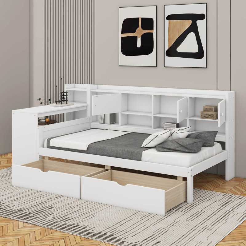 Lit de jour simple avec rangement 3 armoires et 2 tiroirs, Blanc