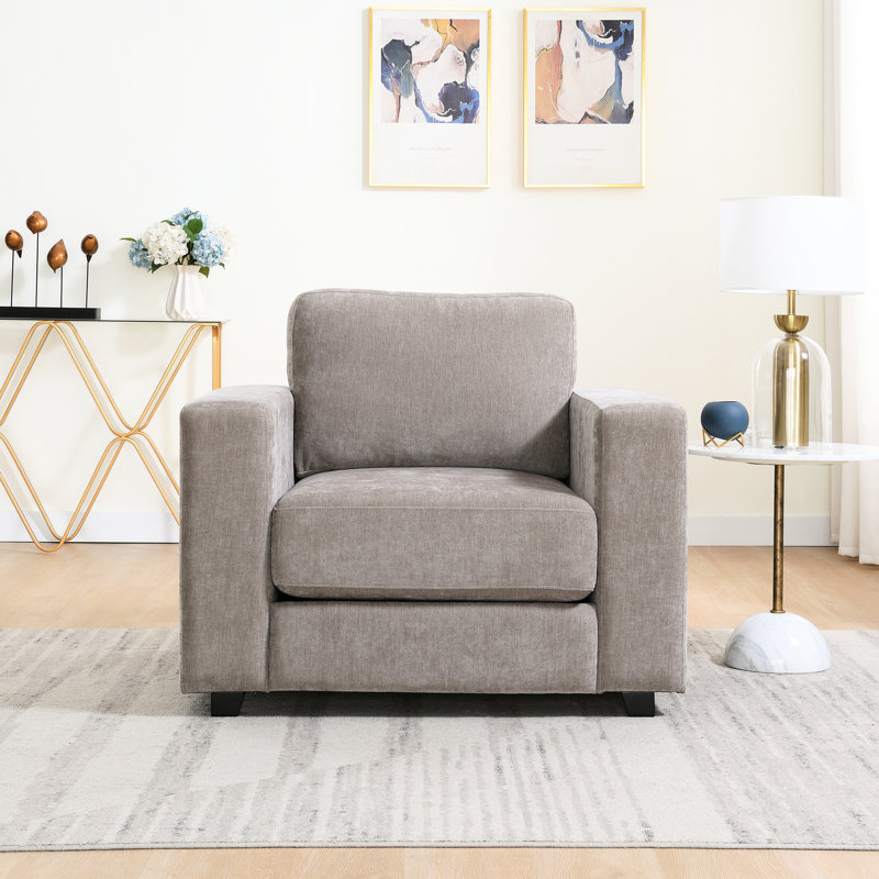 Grand fauteuil brun en chenille, housse lavable, coussin de 18 cm, style milieu du siècle, idéal pour un bureau, un dortoir ou un appartement. Pieds en tissu, style et robustesse.