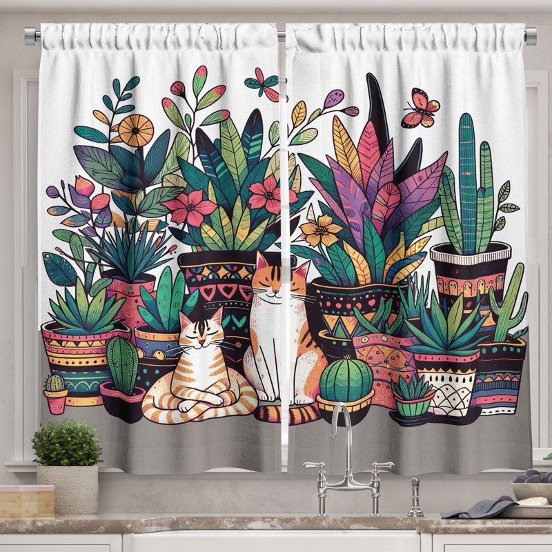 Cat 55'' W Kitchen Curtain Multicolor, 55" W x 30" L
