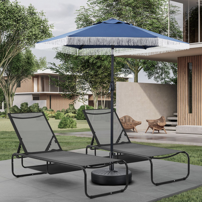 Ensemble 3 pièces de chaises longues d'extérieur avec parasol, Noir