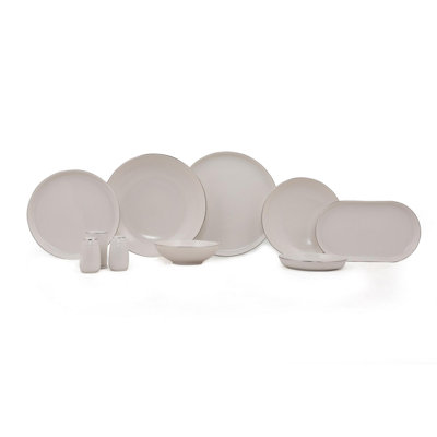Ensemble de vaisselle élégante 69 pièces, 100% porcelaine, blanc et argent | Comprend 12 assiettes de service, 12 assiettes plates, 12 assiettes latérales, 12 bols, 2 bols à salade, 2 plateaux et accessoires | Va au lave-vaisselle et au micro-ondes, 