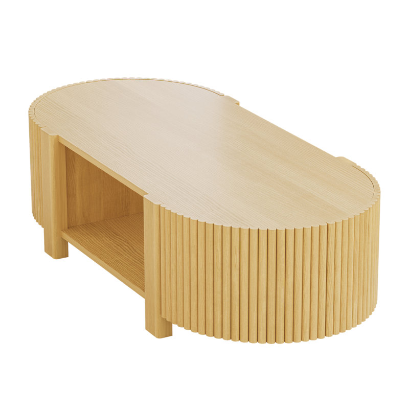 Table basse ovale cannelée avec rangement pour le salon, bois d'hévéa massif, 1 tablette et 2 portes de rangement ouvertes, 47 po