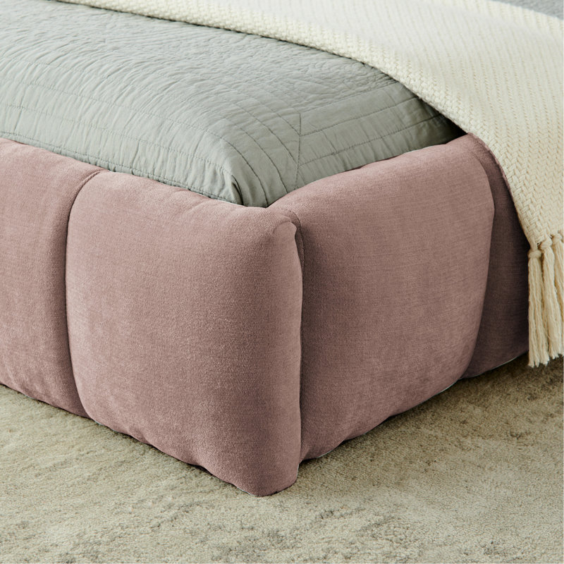 Structure de lit très grand avec chenille épaisse - tête de lit tapissier moderne rose sans sommier 88,5 po x 85,5 po x 24 po