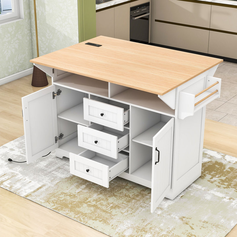 Îlot de cuisine roulant extensible avec 2 abattants, prises de courant intégrées et armoire de rangement, Blanc