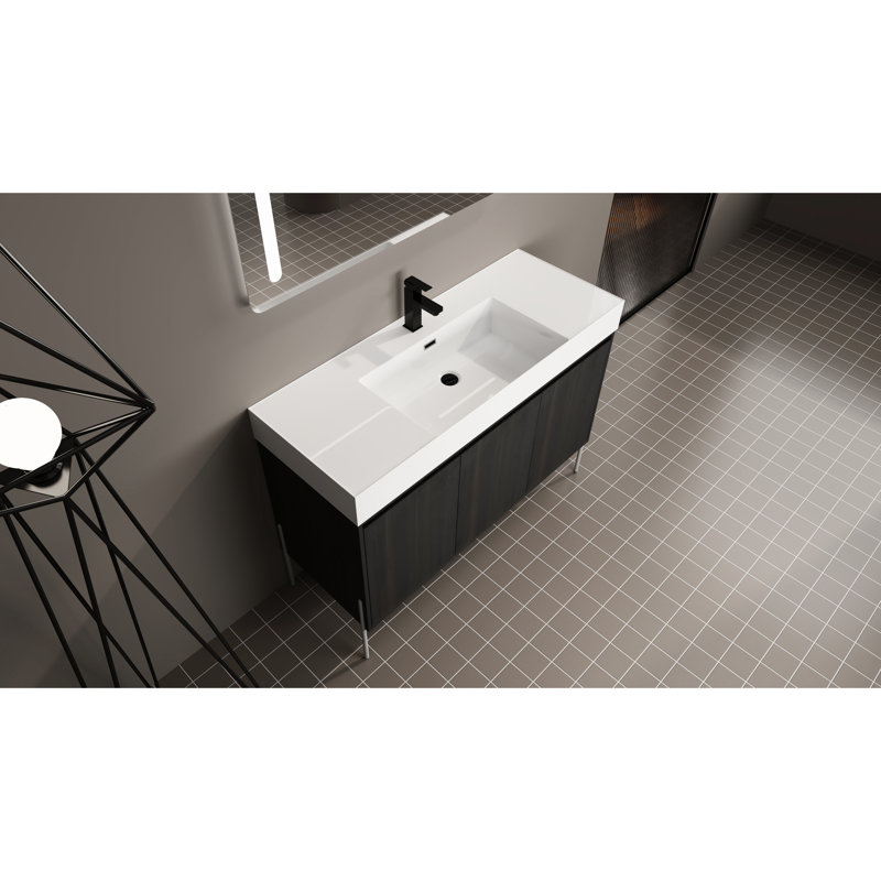 Meuble-lavabo 48 po en chêne foncé avec lavabo en résine et rangement polyvalent sur pied