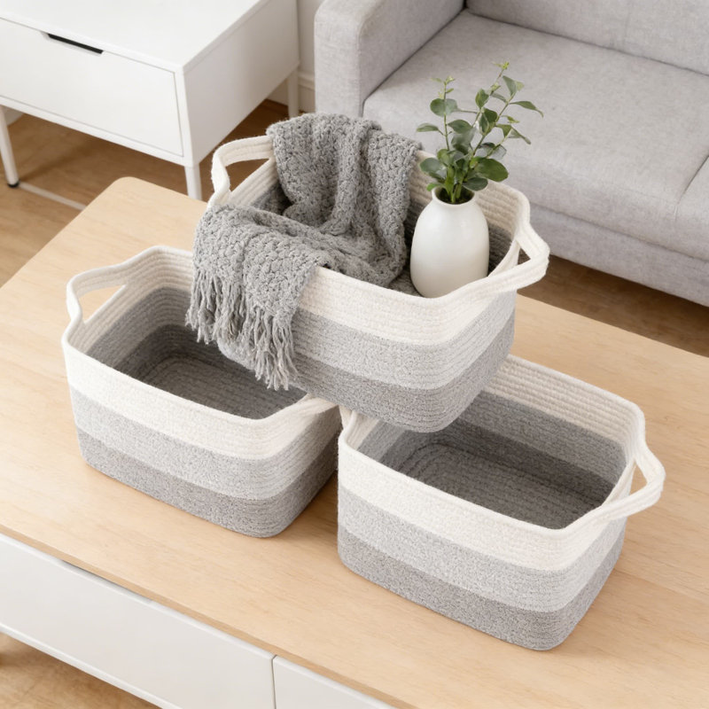 Woven Storage Baskets 3-Pack, Rectangular Decorative Organizer Bins For Shelves, Closet, Nursery, Handmade From Soft Natural Cotton Rope For Toys, Books, Clothes & Towels