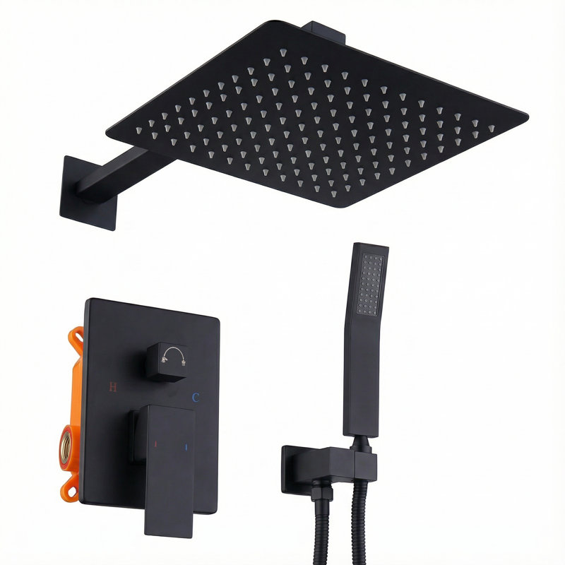 Système de douche à pluie mural moderne mat noir de 10 po avec valve à main et laiton, Noir mat
