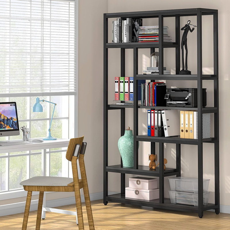 Très grande bibliothèque industrielle à 7 niveaux 78,7 "avec 10 tablettes pour le salon, la chambre à coucher, Noir