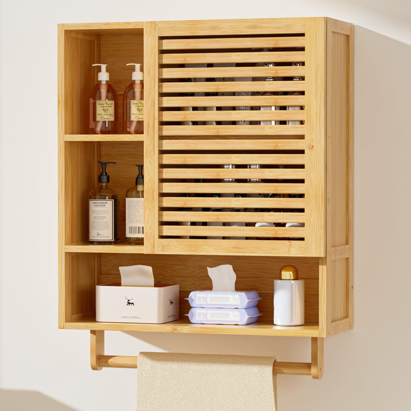 Bamboo Bathroom Cabinet Wall With Towels Bar, Brown