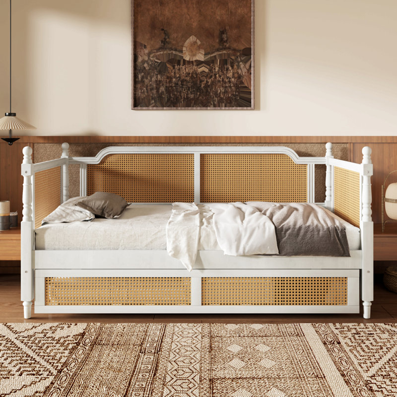 Lit de jour simple en rotin de style traditionnel avec lit gigogne simple pour un espace limité, chambre d'amis, aucun sommier nécessaire