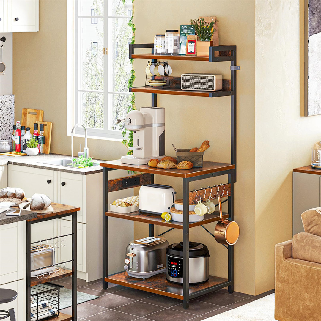 Microwave Shelf Stand With Power Outlet & LED Lights, Kitchen Storage Rack With 5 Shelves And 5 Hooks, Baker's Rack With Steel Frame, Industrial Coffe
