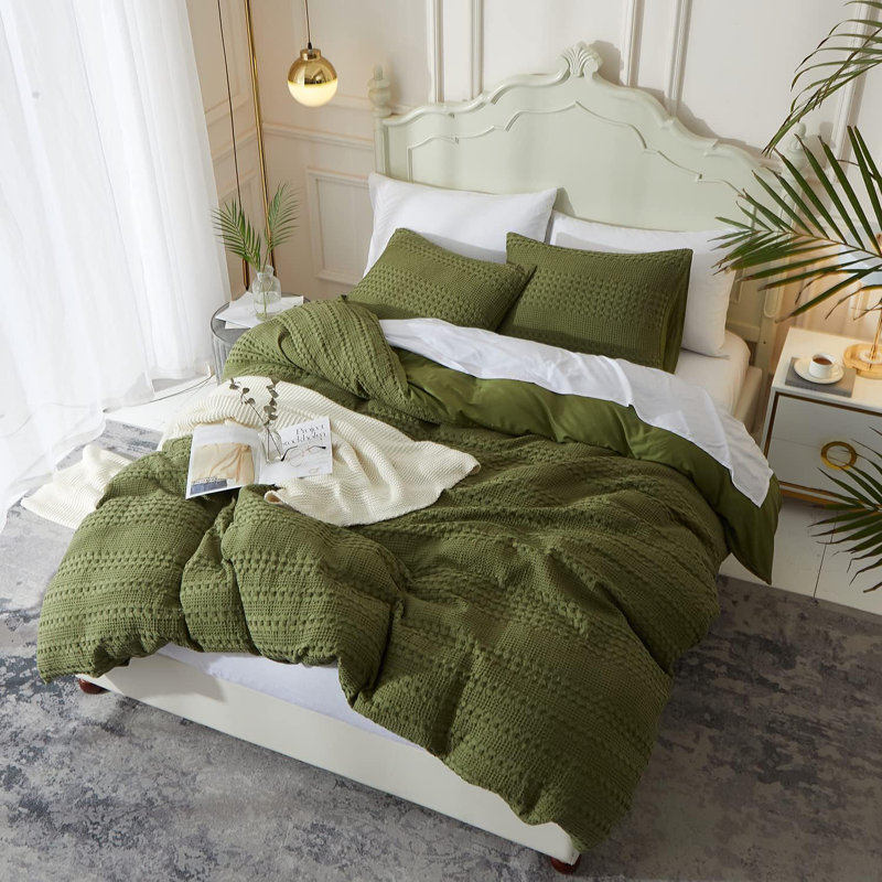 Ensemble de housse de couette Waffle Weave, Feuilles grises, Housse de couette pour très grand lit et 2 taies 