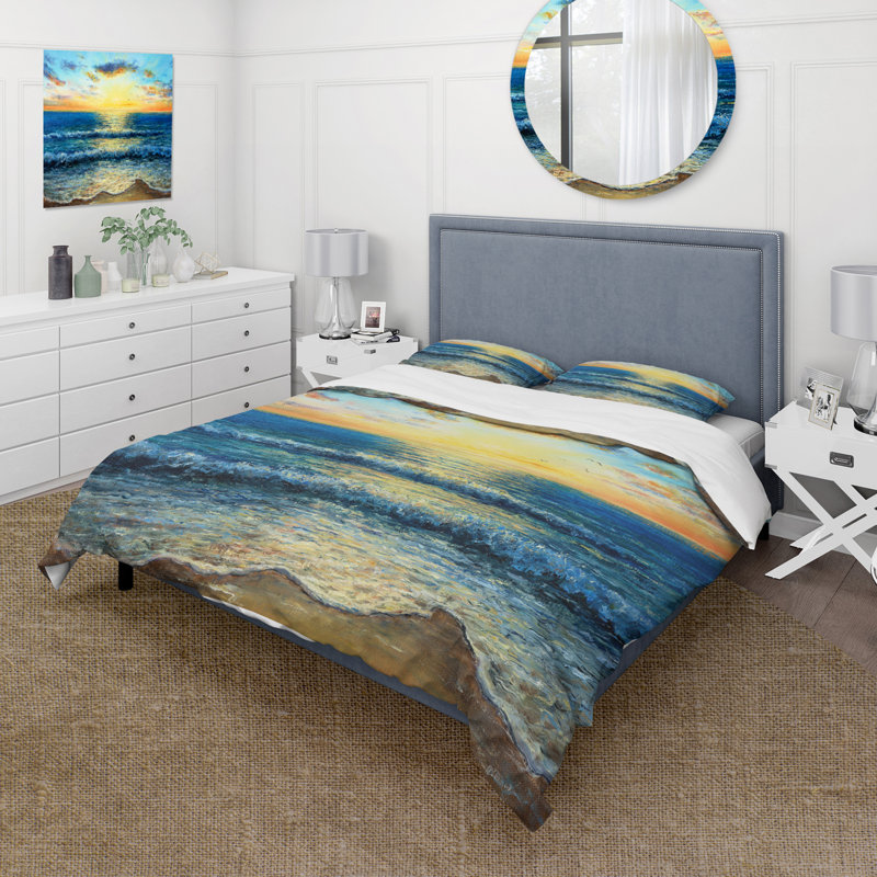 Ensemble de housse de couette nautique et côtière Morning Light On The Ocean Waves I - Polyester en microfibre