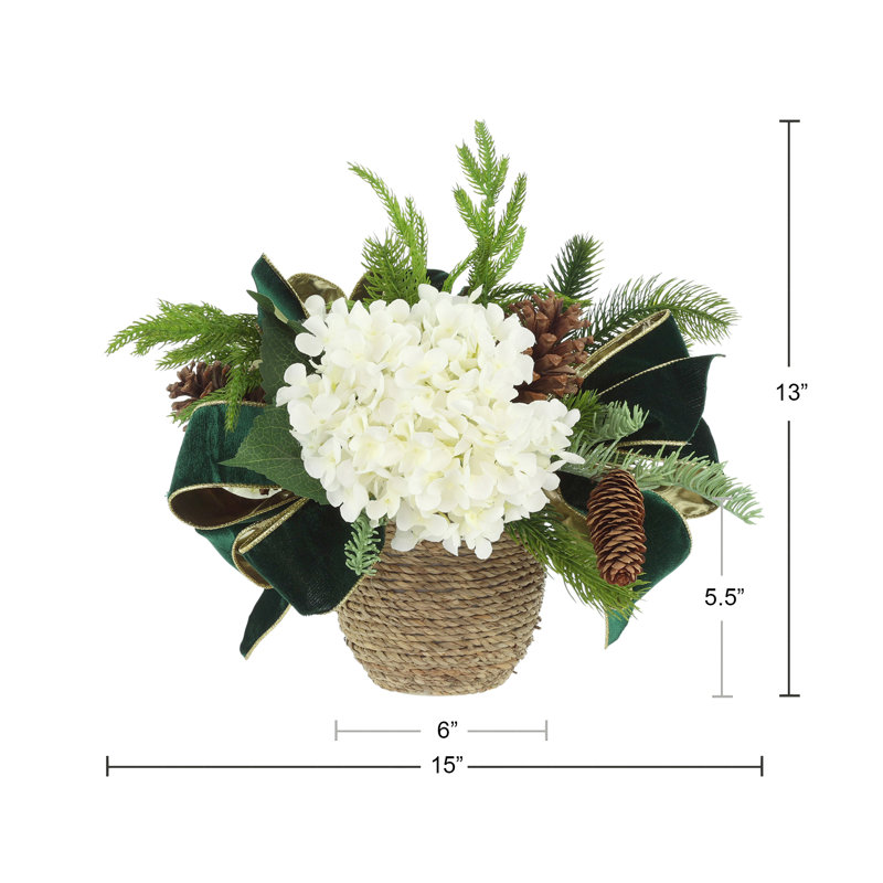 Two Holiday Hydrangea Arrangements with Evergreen and Bows, White/Green/Red