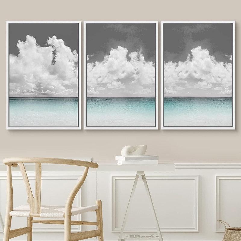 Nuage au-dessus de l'océan bleu, nature sauvage, illustrations abstraites - 3 pièces, H 36 po x l 24 po x P 1,5 po