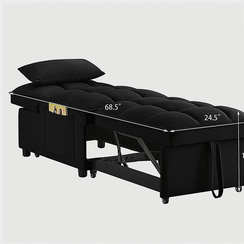 Canapé-lit simple multifonctionnel 4-en-1 avec sac de rangement, canapé-lit simple en velours avec dossier réglable et coussin, méridienne convertible, noir
