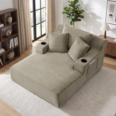 Chaise longue d'intérieur rembourrée de 168 cm de profondeur avec porte-gobelets, canapé-lit sans dossier en velours côtelé, aucun assemblage requis