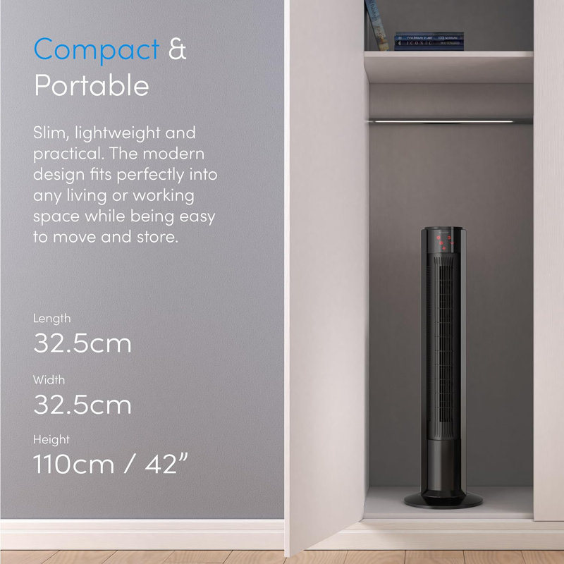 Emperial 42" Tower Fan with Remote Control - Oscillating Bladeless Cooling Fan, Portable 7 Hour Timer, 3 Modes & 3 Speeds - Black