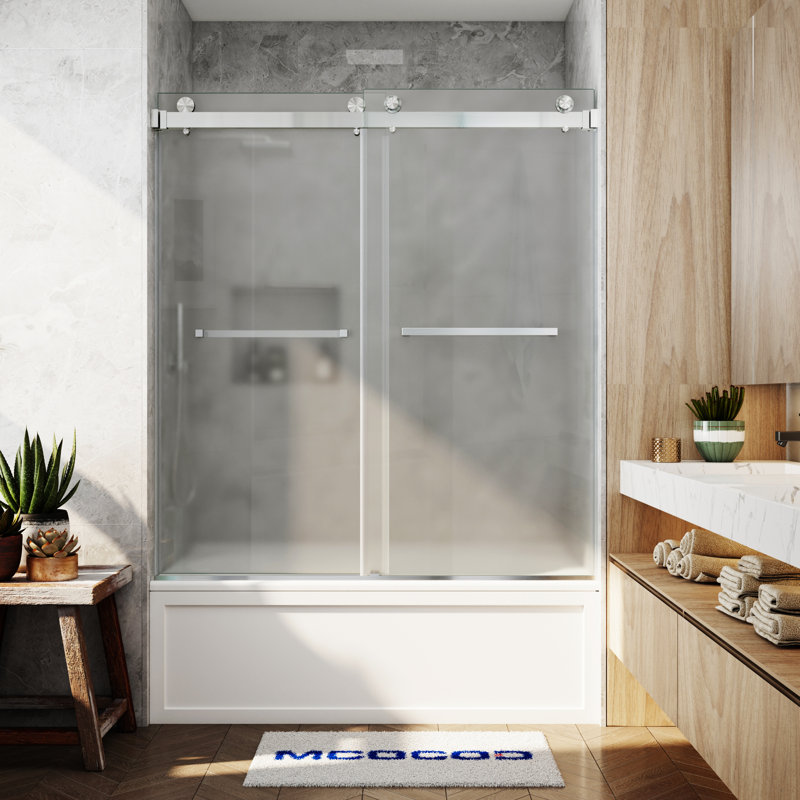Porte de baignoire à double coulissement sans cadre avec verre givré de 3/8 po (10 mm) Opal Mirage MCOCOD l 56-61 po