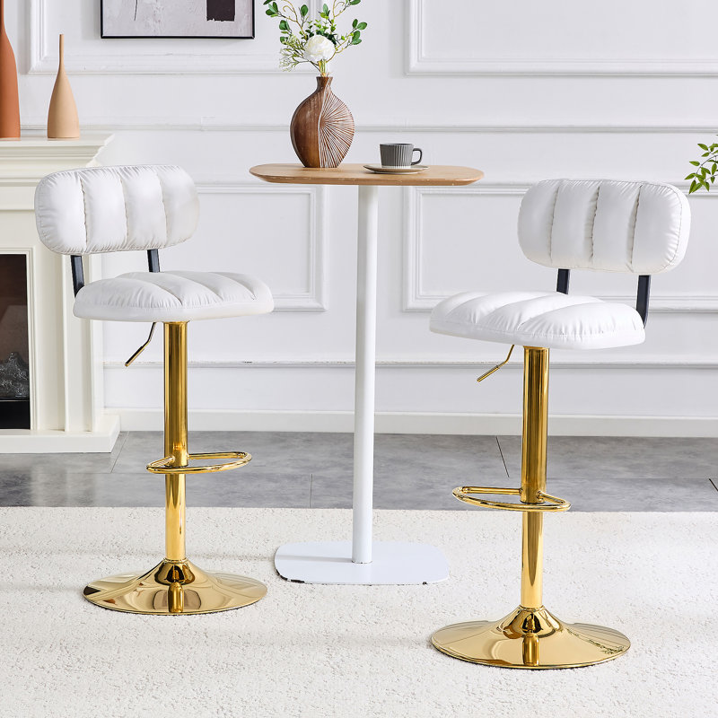 Set Of 2 Adjustable Height Bar Stools, White PU Leather Upholstered Seating With Gold Metal Base & Footrest, Luxe Glam Stools For Kitchen Island, Home Bar, Living Room