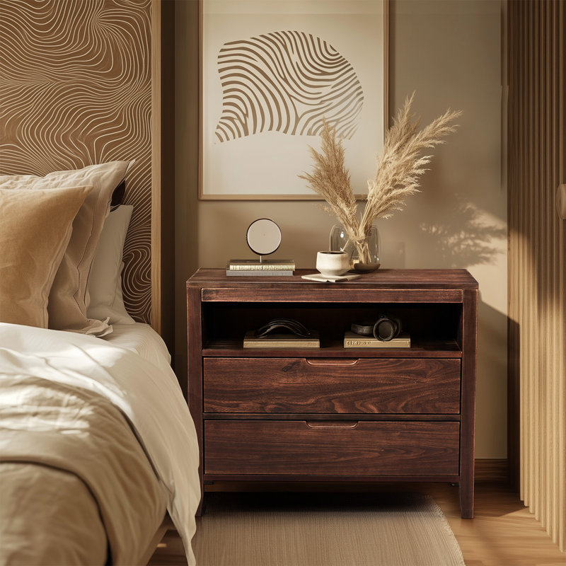 Brown Mid-Century Nightstand 2 Drawers + 1 Shelf Solid Wood Veneer 29 Inches Nightstand