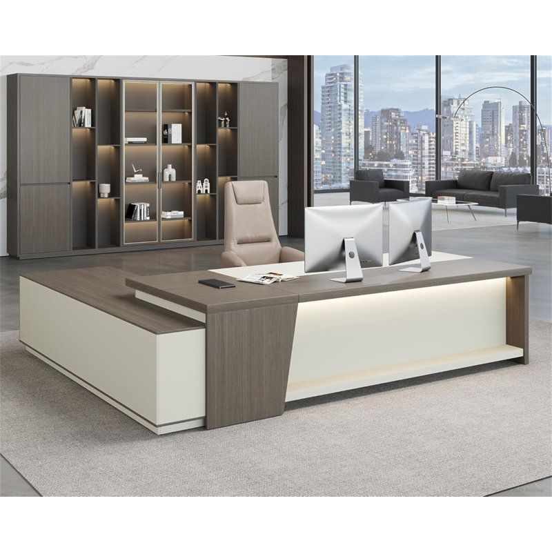Bureau de direction en forme de L 79 po avec tiroirs, bureau moderne avec DEL et prises de courant, grand bureau de coin