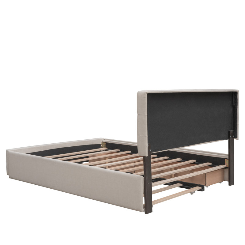 Queen Upholstered Platform Bed with Storage Drawers & Twin XL Trundle, Linen Fabric, No Box Spring Needed - Dark Beige