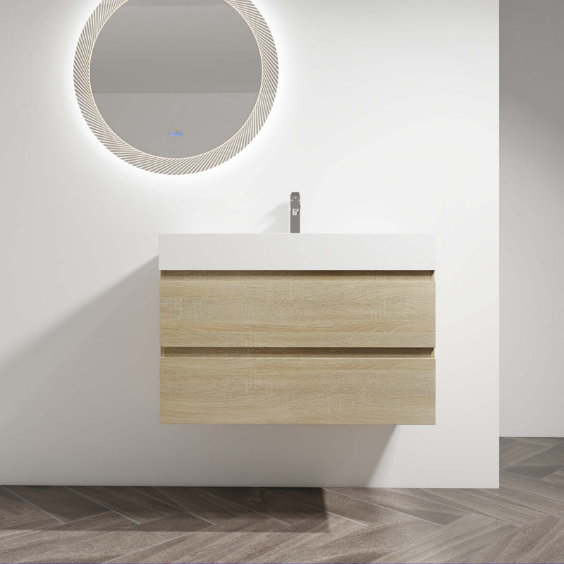 Meuble-lavabo mural avec lavabo en résine, Chêne clair, 24"