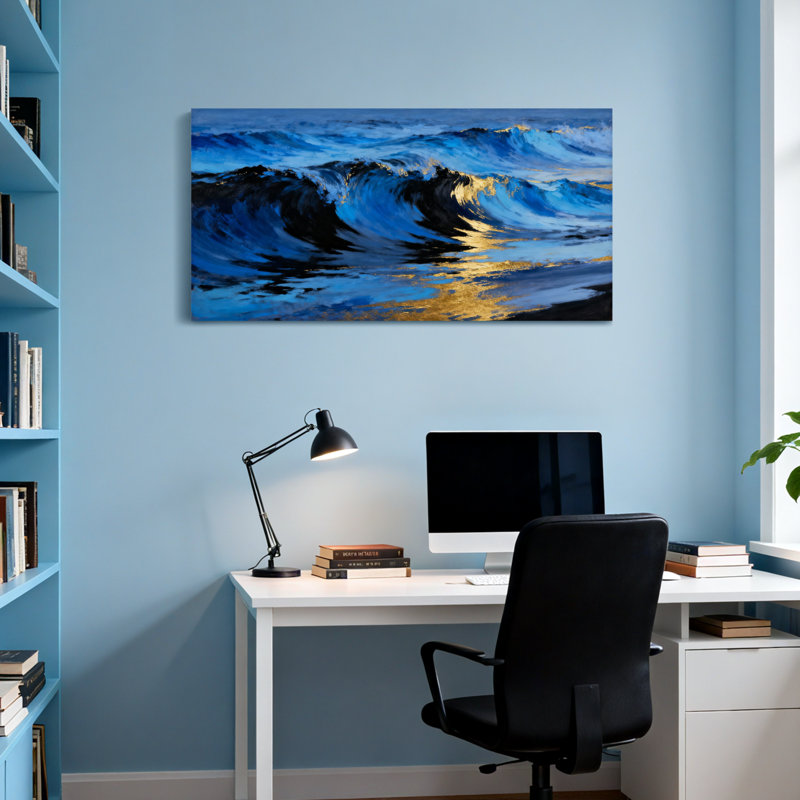 Art nautique et plage, vagues océaniques, reflets dorés sur toile, H 16 po x l 32 po