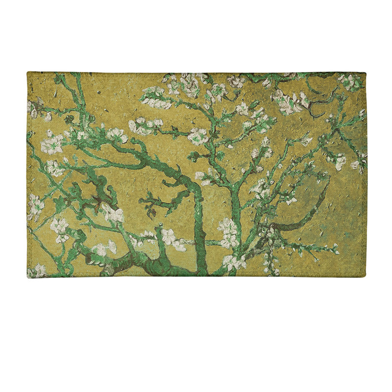 Tapis vert/jaune en chenille de fleurs d’amande, Rectangle 2 pi x 3 pi