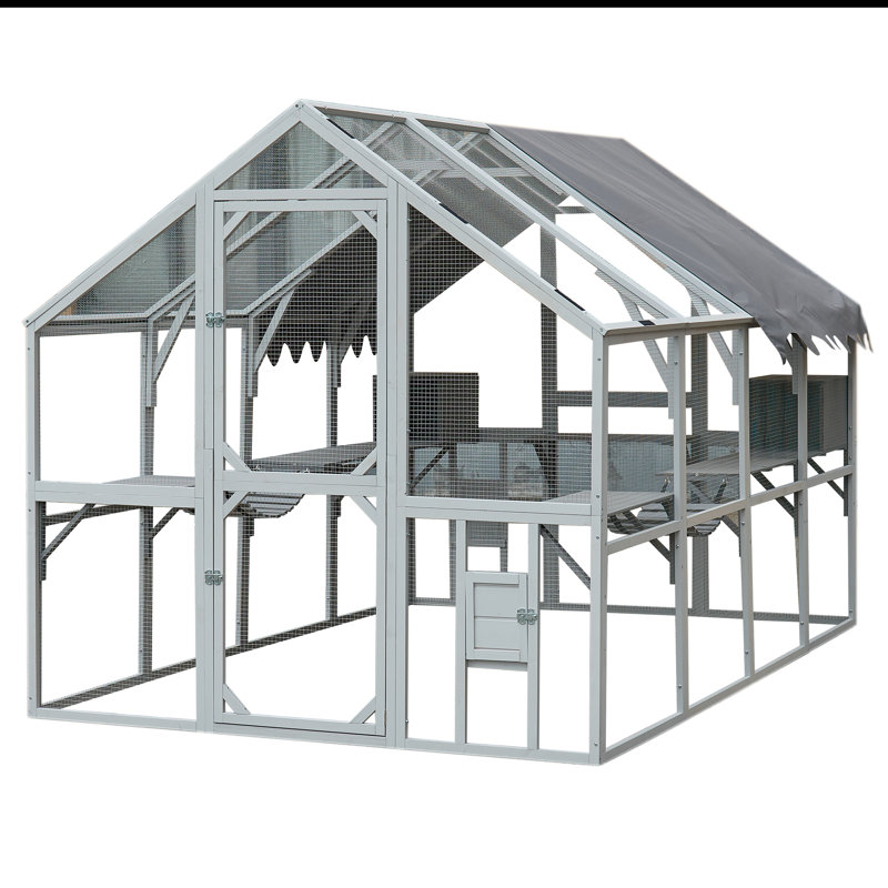 Large Wooden Outdoor Chicken, Cat Run 110" Large Hen Run House, Cat Catio Upgrade Waterproof Cover, Gray/White