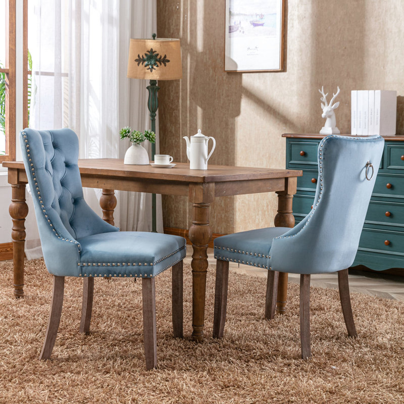 Chaise de salle à manger en bois massif avec assise en velours bleu, pieds et support confortables Sw2001lb, Bleu clair