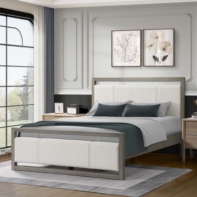 Queen Platform Bed with Ivory Boucle Fabric Headboard and Gray Wood Frame