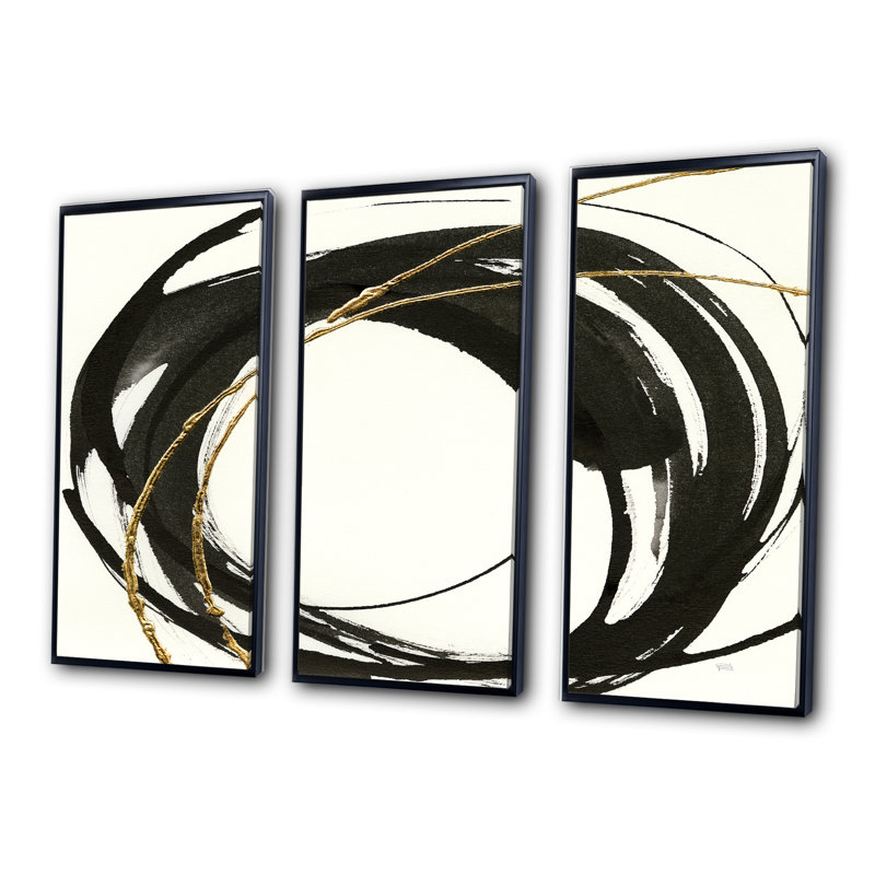 Gold Glamour Circle I - Posh & Luxe, ensemble de 3 toiles encadrées, Cadre noir, L 36 po x H 20 po