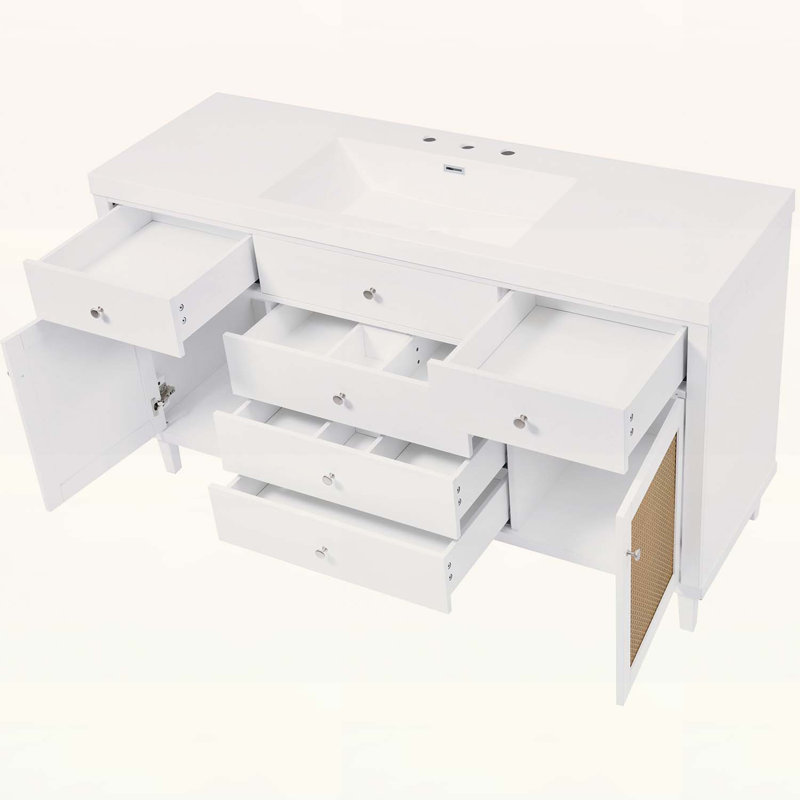 60-Inch Modern Bathroom Vanity with Sink,Large Storage,Soft-Close Drawers,Rattan Doors, White