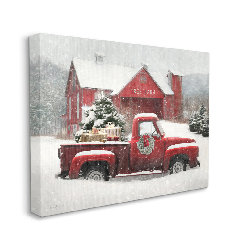 «Tree Farm», camion rouge, neige enneigée, averses de neige encadrées, art texturé noir par Lori Deiter, Toile tendue