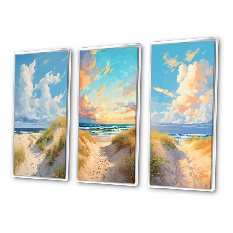 «Beach Tranquility Ocean In Spring», 3 pièces sur toile, Cadre flottant blanc, H 20 po x l 36 po