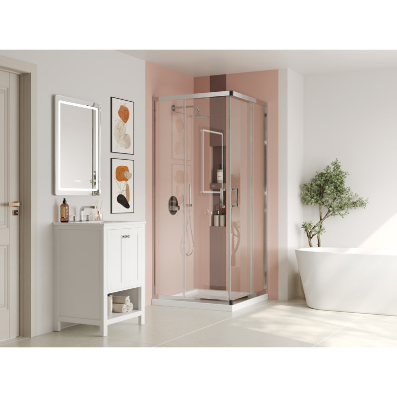 34" W X 72" H Framed Square Reversible Shower Enclosure With 1/4" Clear Tempered Glass, Silver